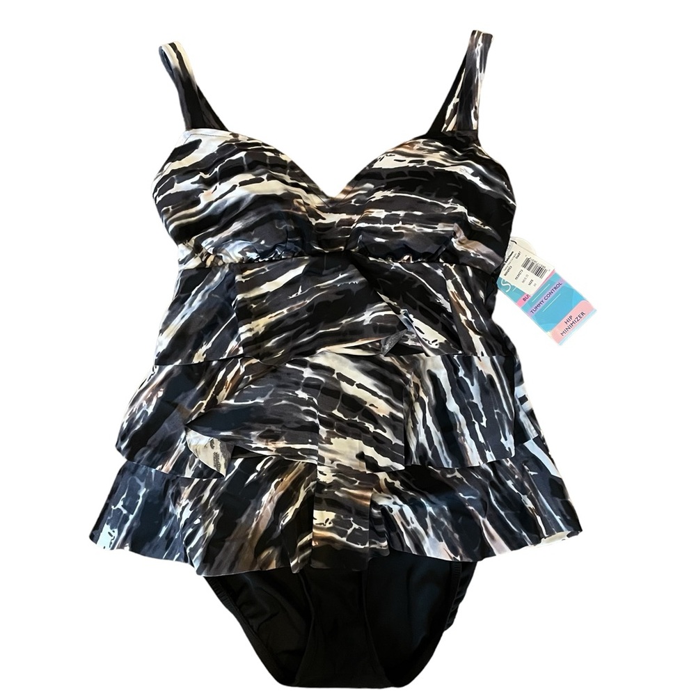 Swim Solutions Triple Tier Fauxini Black White One Piece Bathing Suit Size 10 - Picture 2 of 9